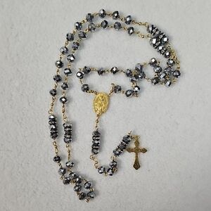 Gold-Plated Rosary Necklace with Faceted Hematite Beads - Women Jewelry
